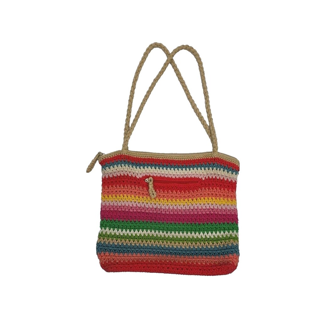 The Sak Purse Multi-Stripe Bag Double Handle Woven Shoulder Zip Medium 13"x12"